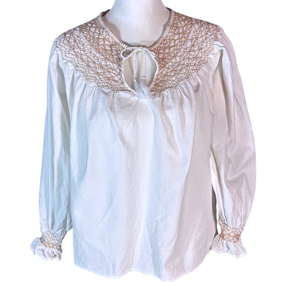 Faherty Tops - Faherty Smocked Blouse Womens Medium White Organic Cotton Boho Embroidered Top